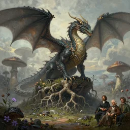 a beautiful digital landscape painting of a detailed fantasy dragon and roots, dark mushroom, flowers by benoit b. mandelbrot, steven belledin, martin johnson heade, lee madgwick, caspar david friedrich, and david rios ferreira. 8 k resolution trending on artstation concept art digital illustration