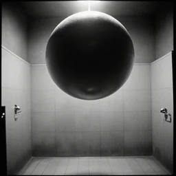 movie still of empty mathematical shower with a gigantic flying sphere, cinestill 8 0 0 t black and white, by andrei tarkovsky, heavy grain, high quality, high detail, ultra wide lens, cinematic composition, dramatic light, lens flares, anamorphic - w 1 0 0 0