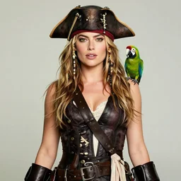 margot robbie as a sexy pirate with a parrot, pirate costume, pirate boat background, realistic portrait, beautiful eyes, 8k resolution, hyper detailed, dramatic lighting, cinematic