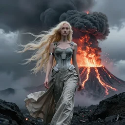volcano eruption apocalyptic scene with a long haired flowing blonde cyber girl futuristic runway fashion rick owens bladerunner stormy weather high detailed result