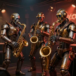 3 steampunk robot jazz musicians playing at a night club, focus on the musicians, cinematic lighting, exaggerated detailed, unreal engine, octane render, trending on artstation, art by greg rutkowski, 4 k
