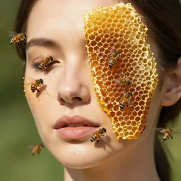 woman face filled with honeycomb, bees flying, photography