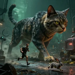 huge 🐈 hunting, by mark ryden in cyberpunk environment, 4 k ultra high resolution, 🐈 🏃 🐭🏃, horror, long camera shot, tiny 🐭 fleeing