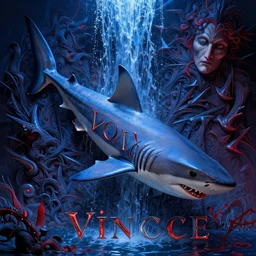 high fashion shark, too many fins in all directions, in hoc signo vinces, waterfall, in the style of leonora carrington, gottfried helnwein, intricate composition, blue light by caravaggio, insanely quality, highly detailed, masterpiece, red light, artstation