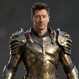 robert lewandowski photorealistic full face photo, metallic dragon armor suit marvel superhero, 4 k, detailed, pic, elegant, ultra detailed, metallic armor, octane render, depth of field