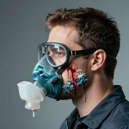 a portrait of a man :: side profile :: oxygen mask ::  blood  and ocean intricate details :: glasses :: 8k :: by vikings and Sandra Chevrier
