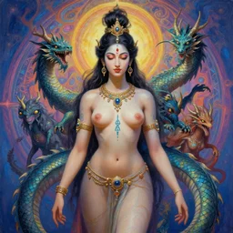 sublimely mystically attractive hindu female barely clothed ishvara goddess. dragon born assassins of the mystic unity, future jewelry, little clothing, alien glyph tattoo, hindu piercings, psychedelic fractal background, illustrative character design, concept art, tales of earthsea, sky witch, colorful, matte painting, soft illumination, painting by gaston bussiere, craig mullins, j. c. leyendecker, tom of finland