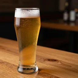 close up of a long glass of beer on an oak surface of a bar in a cafe, warm colors, dark background, high contrast, hyperdetailed, hyperrealistic