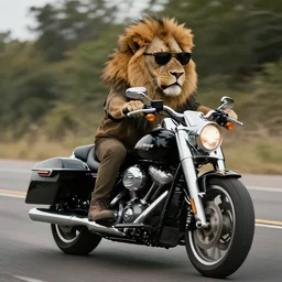 a cool lion with sunglasses on a Harley Davidson on the road, cinematic