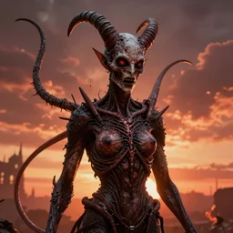 the unconscious love of satan, hr giger moebius style, horrific, scary, hyperrealistic, 8 k, hdr, octane render, sunrise in hell background, volumetric lighting, highly detailed - h 9 6 0