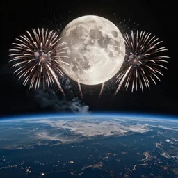 highly detailed realistic photo of fire works on full moon seen from earth, wide angle shot, award winning masterpiece art, hyper realistic, concept art, 8 k detail post - processing