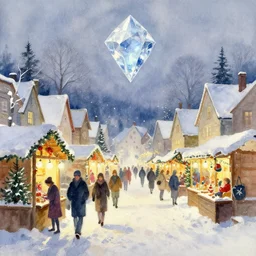 abstract watercolor painting of village str street, magic diamond crystal winter, traditional christmas market, cinematic light, national romanticism by anders zorn, by greg rutkowski, by greg manchess