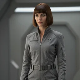 portrait of a woman by greg rutkowski, she looks like hannah john - kamen, very tall and slender, brown bob hair with bangs, wearing a utilitarian gray jumpsuit, scifi, sharp foccus, artstation hq.