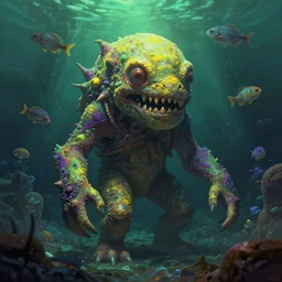 surrealistic monster on alien planet, underwater world, many fish, dim painterly lighting volumetric aquatics, by rhads, 4 k, detailed, subsurface scattering, green - purple - yellow lighting, trending on pixiv