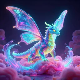 florescent dragon with butterfly wings on a candy cotton biome, glow wave, humongous biome, neon, pixar, luminescent, digital art, trending on artstation, behance, deviantart, unreal engine 5, octane i, smooth, fantasy art, intricate detailed, 4 k photoshop