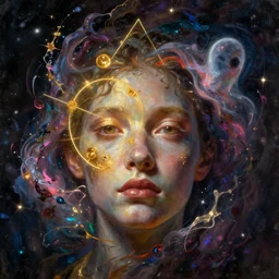👾 🌈 face galaxy, paint splash, phantom, dreary, dramatic, fluid, iridescent, golden ratio, artstation, moebius + loish + wlop, hd, oil painting, hyper realistic,