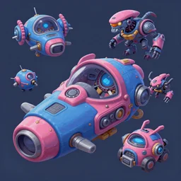 game asset of spaceship and vehicles, cockpit, big medium small, infused with zerg hydralisk, in gouache detailed paintings, props, stylized, 2 d sprites, kitbash, arcane, overwatch, blue and pink color scheme, 8 k, close up
