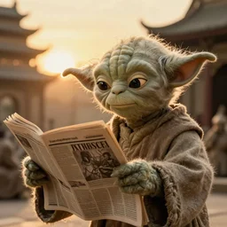 a beautiful ultradetailed fine art vintage photo of yoda reading a newspaper in a monastery, by tom bagshaw and zach sutton, backlight, 5 0 mm lens, closeup shot, bokeh, golden ratio composition, sunset golden hour hues, very detailed, artstation, 8 k, highly coherent
