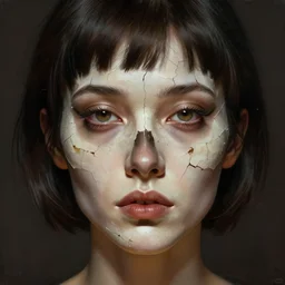 a portrait of an female with a cracked skull face, short bang hair, digital painting, artstation, concept art, donato giancola, Joseph Christian Leyendecker, WLOP, Boris Vallejo, Breathtaking, 8k resolution, extremely detailed, beautiful, establishing shot, artistic, hyperrealistic, octane render, cinematic lighting, dramatic lighting, masterpiece, light brazen, extremely detailed and beautiful face, centered, smooth, sharp focus