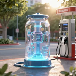photo of glowing sci fi container connected to a gas station in a pleasant urban setting with trees, day - time, sun overhead, award - winning, high res, 4 k, hyper realistic