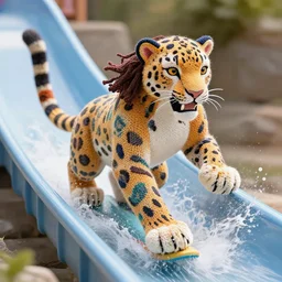 a closeup photorealistic photograph of a colorful knitted wonder woman themed snow leopard riding down a water slide. splashing. professional capture. bright scene. this 4 k hd image is trending on artstation, featured on behance, well - rendered, extra crisp, features intricate detail, epic composition and the style of unreal engine.