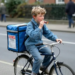 karl pilkington as a boy on his bike delivering newspapers, eating mars bar candy, color, 1 9 8 7