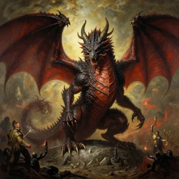 a huge satan dragon in hell. highly detailed painting by gaston bussiere, craig mullins, j. c. leyendecker, 8 k