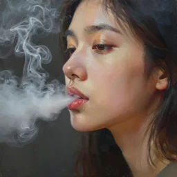 profile view closeup!! of thick smoke from the lips of a young filipino woman, closeup, thick swirling smoke, by conrad roset, long paint brush strokes, dramatic lighting, painting trending on artstation