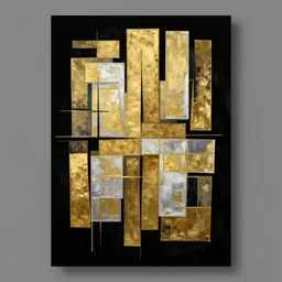 poster, vector, symmetrical, award - winning painting, abstract, gold and silver shapes, rectangles, geometry, elegant, luxurious, beautiful, pitch black background, dali