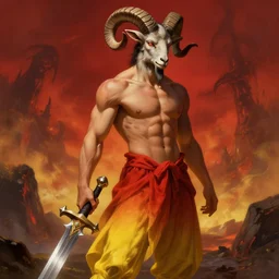 portrait of a beautiful young fit male demon with ram horns, goat head, fluent dress on legs, holding a spiked sword, by greg rutkowski and alphonse mucha, d & d character, gradient red to yellow, in front of an hellish landscape background, highly detailed portrait, digital painting, artstation, concept art, smooth, sharp focus ilustration, artstation hq