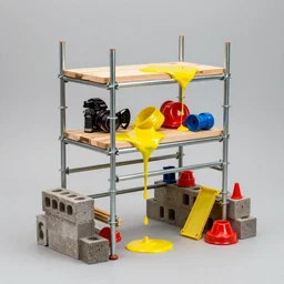 small scaffolding sculpture made with steel and metal, wood planks, bright melted plastic, cinder blocks, bright construction materials, photorealistic, studio lighting, product photography, high octane, higly detailed, made with unreal engine, painting by yves tanguy, by nate boyce, sculpted by david smith, sony a 6 3 0 0, 3 5 mm