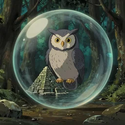 pov hyperrealist, dull colors, interior shot from howls moving castle 2 0 0 4 of a grey owl levitating inside a cubic bubble in a flooded woodland stonehenge pyramid. bubble.