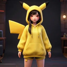 vrchat, secondlife, imvu, 3 d model of a girl in a pikachu hoodie, hq render, detailed textures, artstationhd, booth. pm, highly detailed attributes and atmosphere, dim volumetric cinematic lighting, hd, unity unreal engine