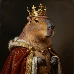 an oil painting portrait of a capybara wearing medieval royal robes and an ornate crown on a dark background, highly detailed