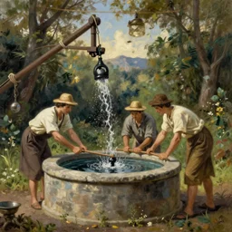 pulling water out of a well, highly detailed, oil painting, masterpiece, nature, fantasy illustration, romanticism