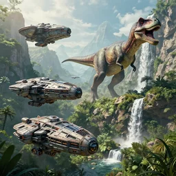 hyperrealistic alien spaceships, dinosaur, trex, mountains, greenery, waterfall, artstation, an epic fantasy, cinematic lighting, hyper realistic, photographic, artstation