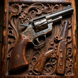 wood carving in mahogany of an intricate design pattern of revolvers and rifles, biomechanical fluid, dramatic lighting, hyperrealistic, ultrarealistic, intricate details, 4k, unreal 5, digital art
