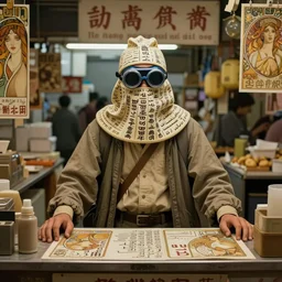 byzantine bureaucrat wearing coolie hat and goggles with scrolling Chinese Arabic text standing behind counter in Hong Kong market, Dune concept art by Greg Rutkowkski, Brom, and Alphonse Mucha