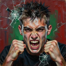 young fight club fighter in rage detailed analogue mixed media collage with canvas texture in style of contemporary art, punk art, hyperrealistic beautiful face, photorealism, expressionism, masterpiece, perfect composition, spectacular quality, intricate oil details, dark red green background, broken glass
