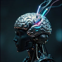 2 8 mm macro photo of a dark black shiny plastic metallic silver brain with neon tubes with electric wires as seen from a distance, by greg rutkowski, canon 5 0 mm, film, photography, cyberpunk, esuthio, craig mullins, 1 / 4 headshot, cinematic lighting, dystopian scifi gear, gloomy, profile picture, mechanical, half robot, implants, solarpunk