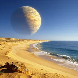 golden shores on an alien planet, sci - fi, daylight, blue sky, syd mead, john harris