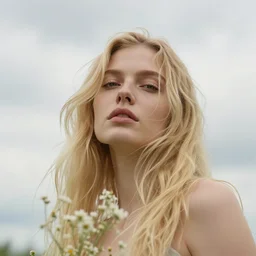 close - up fashion blonde woman portrait airy flowers cloudy sky art by arnaud baudr