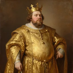 a portrait of a fat king wearing golden robes, brown background, oil painting, medieval