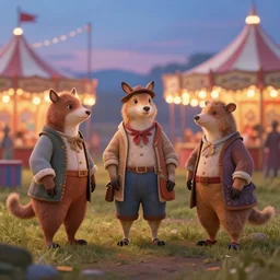 animals in clothes at a carnival, beautiful, soft lighting, artstation, storybook, early evening