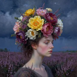 closeup, giant flowers head mohawk, woman in a heather field, surreal photography, starlight, storm clouds, impressionist painting, digital painting, artstation, simon stalenhag