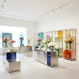 flower retail store, minimal, stainless steel and color glass, frame magazine, archidaily, bright light enviroment, contemporary art and sculpture of flower, trending on artstation, octane rendering, like gallery