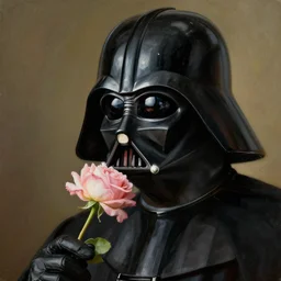 portrait of darth vader smelling a flower, painting by rene magritte, high detail, high resolution