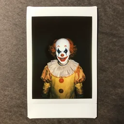 a found polaroid photograph of a frightening clown, night