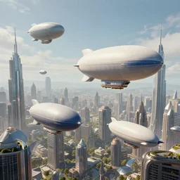 blimps flying over a futuristic city, high fantasy, arstation