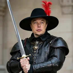 photo of elon musk as a musketeer, he has a big black hat with a red feather and he is holding a shiny rapier sword